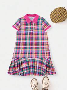 Joliand Joliand 1pc Tween Girls Pink And Yellow Plaid Dress,Summer Cute Preppy Style Polo Collar Short Sleeve Shirt Dress For Back-To-School,Daily Wear & Party School - Multicolor - View 2