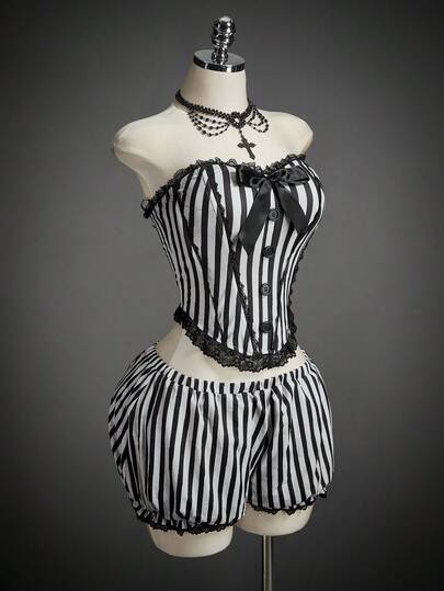 SHEIN ICON 2pcs Halloween Cosplay Gothic Corset Black And White Costume Striped Corset Top And Low Waist Bloomer Lantern Shorts
