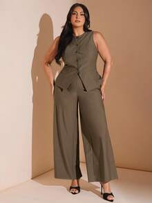 SHEIN BAE Plus Size Women's Brown Suit Set - Vest And Pants, Autumn/Winter/Early Autumn/Back To School/Going Out /Festival Outfits Women/Autumnfall/Wedding Guest Dress Women Plus Size/Formal Dresses For Women/Dresses For Women Elegant/Summer Dresses /Birthday Dress/Homecoming Dress/Off Shoulder Dress/Halloween Costume/Club Outfits Women Sexy/Christmas/Plus Size Suit/Office Set - Brown - View 3