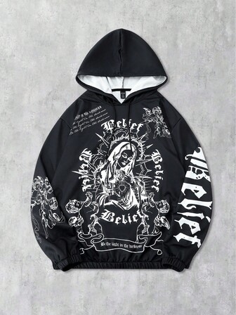 Goth Felpa con cappuccio casual e ampia a maniche lunghe con stampa gotica per uomo, autunnale