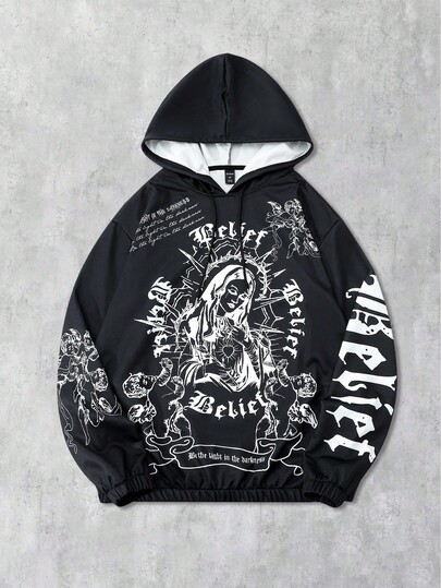 Goth Sudadera con capucha de manga larga, estampada, de corte holgado y estilo gótico para hombre, para otoño