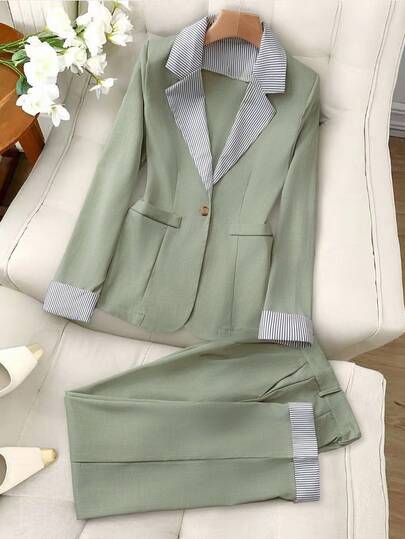 GlowEve Women's Elegant Commuter Green Striped Lapel Button Decor Faux Pocket Long Sleeve Fitted Blazer + Women's Elegant Commuter Green Striped Button Decor Fitted Straight Leg Suit Pants, Spring/Autumn Fall Cloth For Women