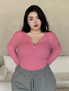 Dazy Plus Valentine Plus Size Women's Solid Color Button Half Placket Long Sleeve T-Shirt,Fall Clothes - Hot Pink - View 3