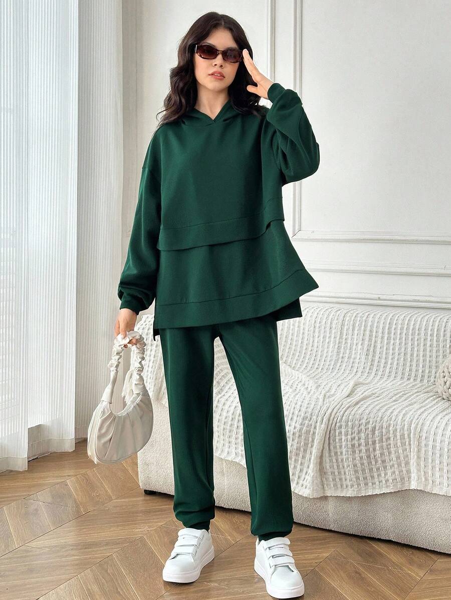 2pcs/Set Teen Girl Casual Loose Comfortable Hoodie And Pants Set, Versatile And Minimalist - Green - View 1