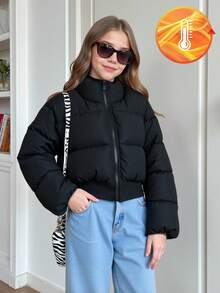 SHEIN Abrigo corto recto acolchado con cuello alto para niñas, adecuado para otoño/invierno