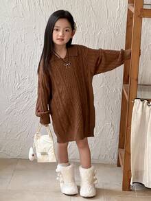 DAZY Vestido de suéter de cuello alto para niña, otoño e invierno - Caqui - Ver 2