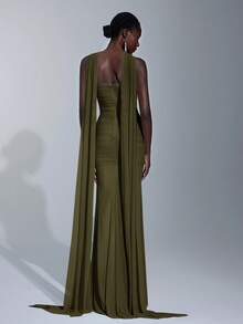 Elitara Elegant Luxurious Light Blue Elastic Mesh Boat Neck Full Ruffle Sequin Bridesmaid Dress - Army Green - View 2