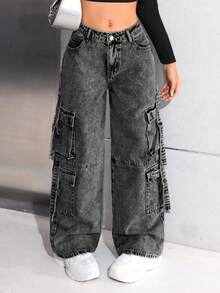 SHEIN 青少年女孩 Y2K 时尚石洗高腰宽松直筒工装牛仔裤，带实用口袋，百搭款式，女孩冬季服装街头服饰 - 灰色 - 查看 3