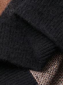 Livesso 女式格子拼色落肩长袖休闲宽松毛衣，秋冬 - 咖啡棕 - 查看 7