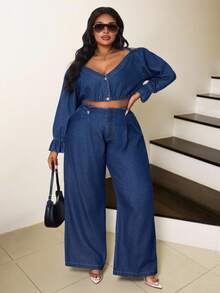 Slaydiva Plus Size Women's Casual City Office Jeans Pants  Autumn Loose Wide-Leg Jeans - Dark Wash - View 1