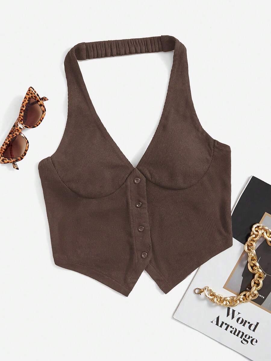 SHEIN EZwear Màu thuần Vải to sợi Áo hai dây - màu nâu - Xem 1