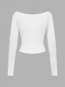 SHEIN BASICS 休闲简约罗纹宽领女式长袖 T 恤，百搭，打底衫，秋冬 - 彩色 - 查看 7