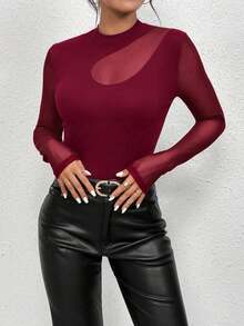 Chiquease Fashionable Commuter Solid Color Mesh Splice Slim Fit Long Sleeve T-Shirt - Burgundy - View 3