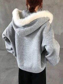 FRIFUL Women's Hooded Sweatshirt With Fur Collar, Loose Fit Casual Thickened Fleece Sweatshirt Jacket,Winter - Grey - View 2