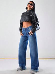 EURMUSE Quần jeans ống rộng cạp trễ, túi xéo, viền thô giản dị - Rửa trung bình - Xem 6