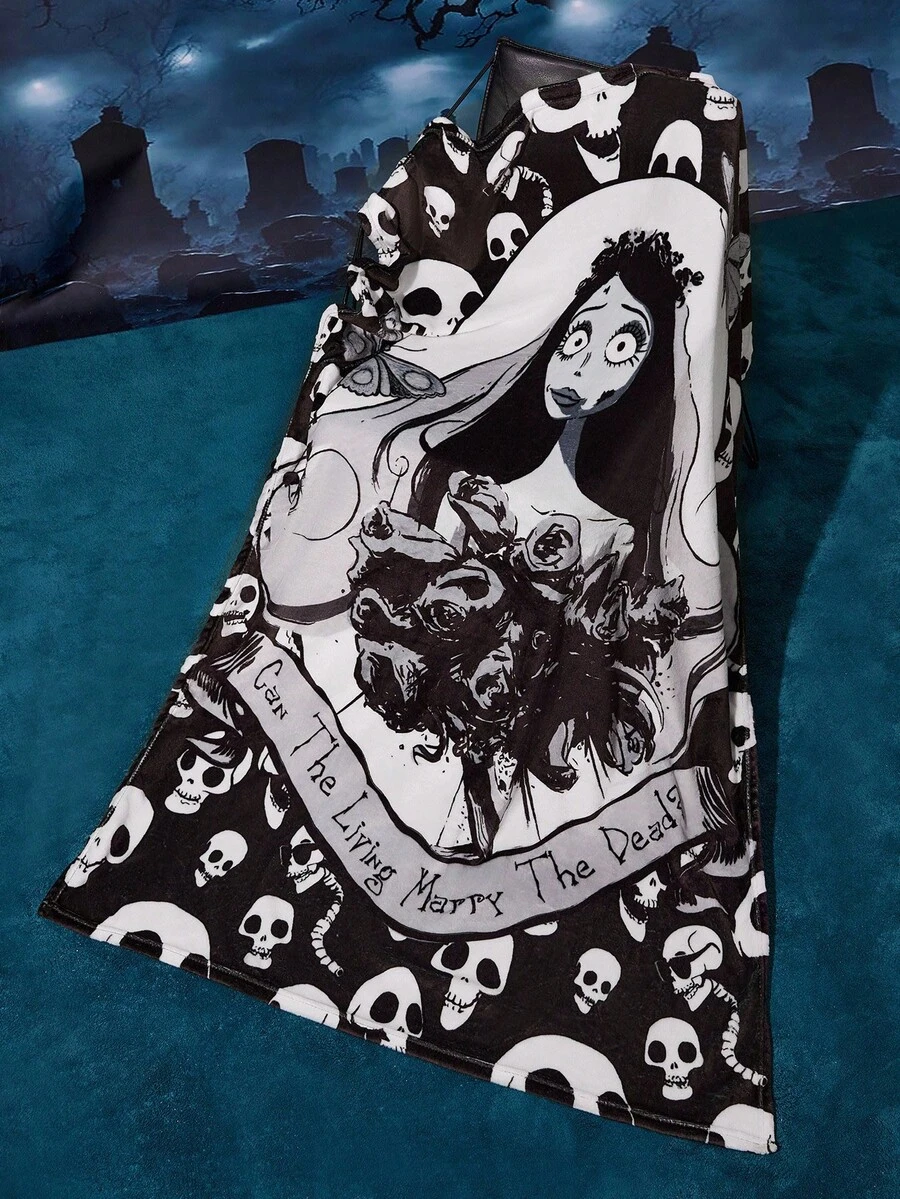 Corpse Bride X SHEIN 1 件新娘印花法兰绒厚毯，柔软温暖的黑色毯子，不掉毛，多种尺寸可选，适合沙发、床、午睡 - 黑色 - 查看 1