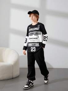 SHEIN Tween-Mädchen Street Oversized V-Ausschnitt Speed Logo Farbblock Langarm-T-Shirt und Jogginghose Set, geeignet für Straße, Sport, Herbst/Winter, Urlaub, Sommer, Reisen - Schwarz - Übersicht 1