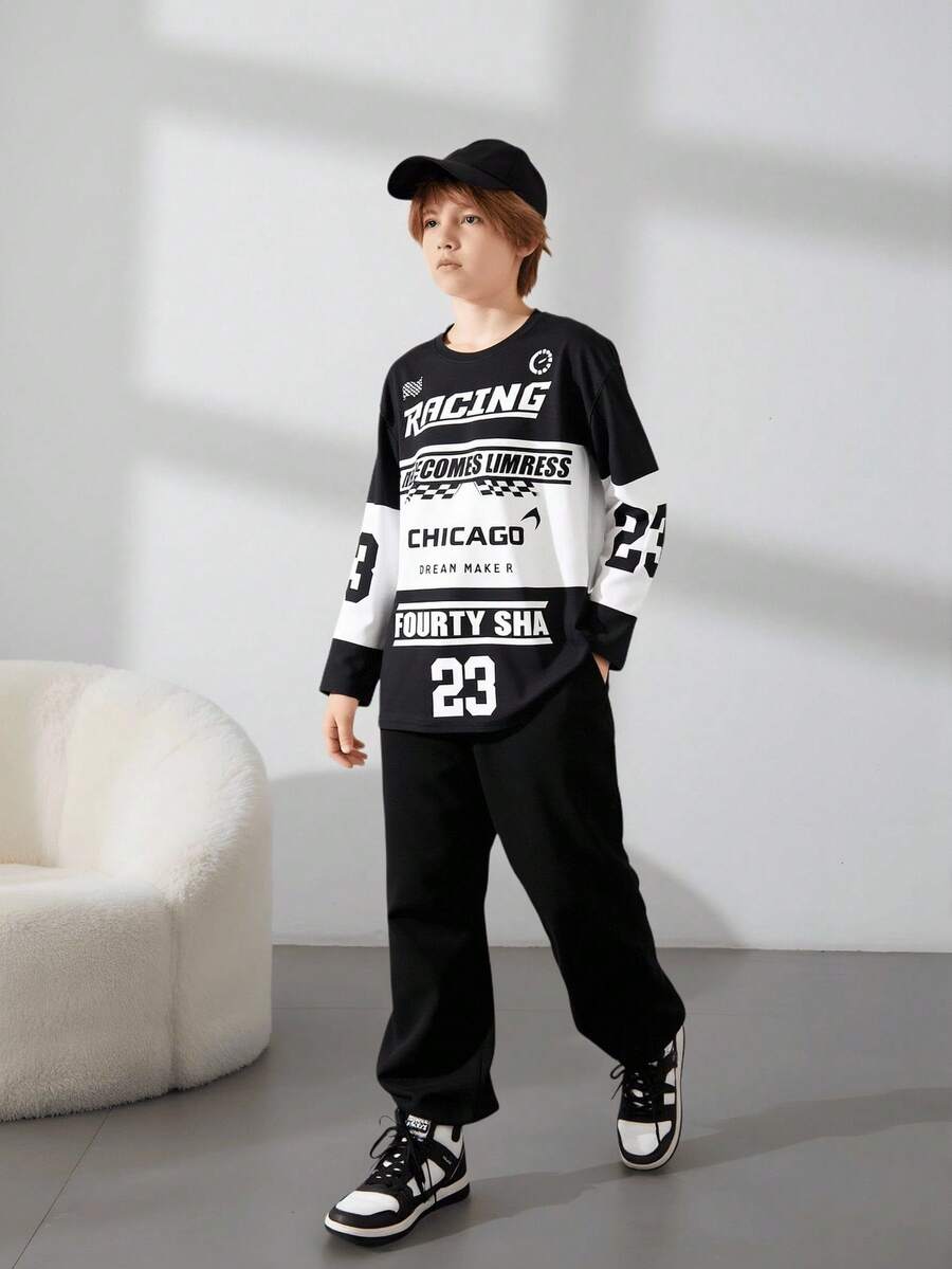 SHEIN Tween-Mädchen Street Oversized V-Ausschnitt Speed Logo Farbblock Langarm-T-Shirt und Jogginghose Set, geeignet für Straße, Sport, Herbst/Winter, Urlaub, Sommer, Reisen - Schwarz - Übersicht 1