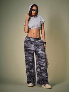 Y2Kool Vecteezy 女士迷彩印花宽松抽绳腰带运动裤阔腿裤迷彩裤女宽松裤女休闲时尚服装系列新年穿搭 - 深灰色 - 查看 7