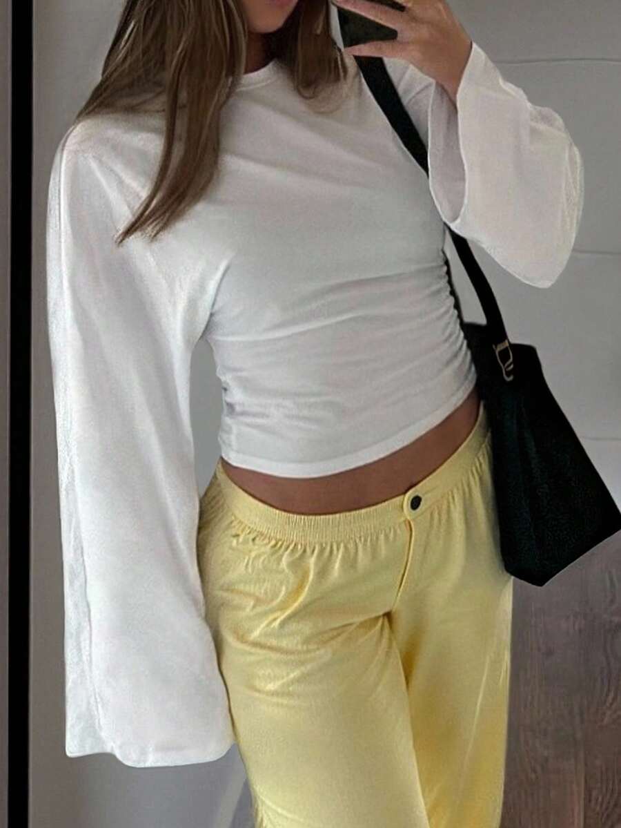 INAWLY Camiseta de manga larga con cuello redondo de unicolor y estilo minimalista para tallas grandes