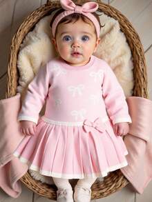 SHEIN Playful Pals Baby Girls' Casual Fashion Cute Pink Bow Pleated Knit Dress, Soft & Comfortable, Suitable For Daily, Outing, Travel, Holiday, Home, Nursery, Autumn/Winter, Christmas, Back To School, Party, Versatile Fall - Baby Pink - View 6