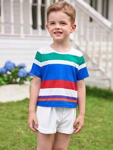 Joliand Joliand 2pcs Young Girl Elegant City Academic Colorful Striped Round Neck Short Sleeve T-Shirt And White Shorts Set,Summer Back To School Party Daily Wear - Multicolor - View 8