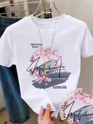 SHEIN Women's Summer Letter Print Short Sleeve Casual Regular Crew Neck T-Shirt