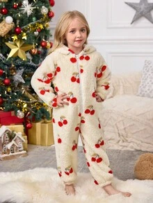 SHEIN 少女樱桃图案针织连帽休闲连体裤家居服 - 卡其色 - 查看 3