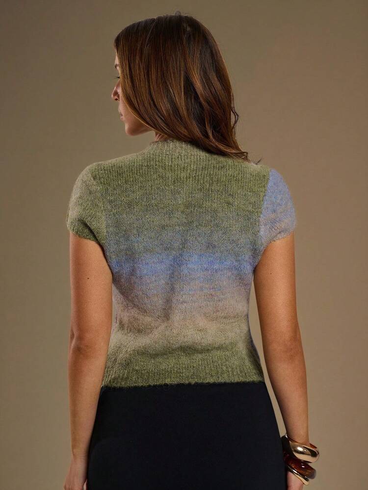 SHEIN BAE Women's Single-Breasted Button-Down Ombre Casual Regular Knit Top, Cute Clothing, Streetwear, Babydoll Tops, Western Tops, Basic Tops, Knit Sweaters, Back-To-School Clothes, Cute Sweaters, Fall Sweaters, Cropped Sweaters, Women's Fall Clothes, Fall Sweaters, Halloween Sweaters, Cardigans, Women's Fall Clothes, Fall Sweaters, Women's Fall Clothes, - Grey - View 5