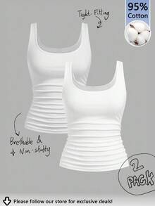Tseoso 2pcs Women Casual Crew Neck Ruched Waist Fitted Tank Top Set, Versatile For Daily Wear, 95% Cotton, Suitable For All Seasons Indoor And Outdoor, Vintage, Cute Summer Tops, Softgirl, Summer Outing Items, Home, Back To School, Fall Women Clothes, Versatile Cotton Tank Top Basic Tank Top