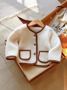 Vintaside Kids 1pc Baby Girls' Winter New White Faux Fur Trim Brown Front Pocket Lapel Minimalist Contrast Color Elegant Versatile Warm Jacket Fall - White - View 8