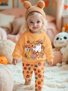 SHEIN 南瓜、叶花、可爱鬼魂图案柔软厚针织圆领长袖卫衣和紧身裤套装，适合秋冬外出、街头风格、居家、万圣节派对、女婴 - 彩色 - 查看 1