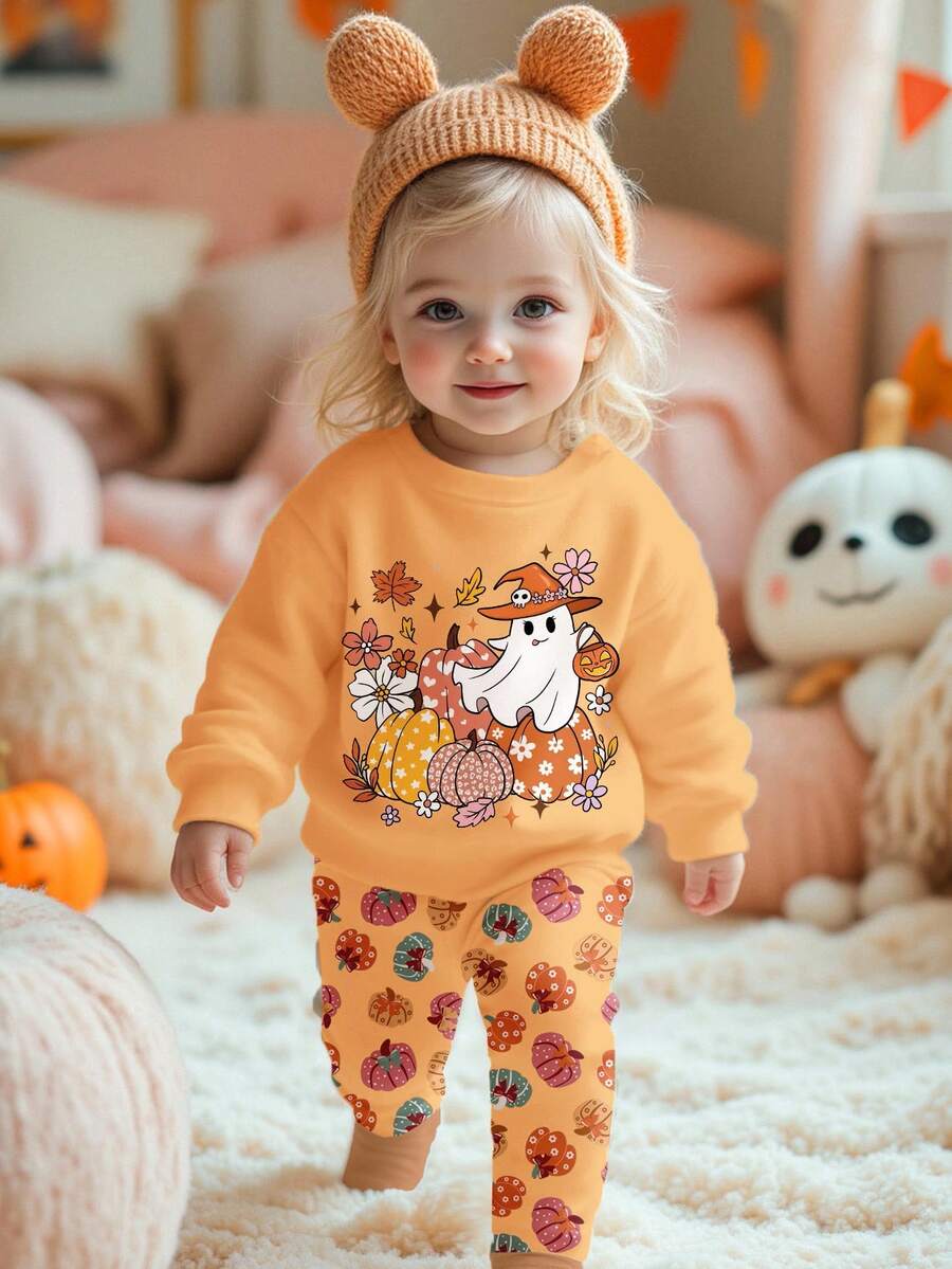 SHEIN 南瓜、叶花、可爱鬼魂图案柔软厚针织圆领长袖卫衣和紧身裤套装，适合秋冬外出、街头风格、居家、万圣节派对、女婴 - 彩色 - 查看 1