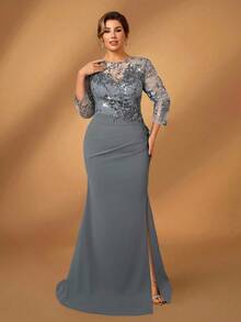 Serin 加大码优雅奢华黑色圆领透明中袖蕾丝刺绣褶饰开衩鱼尾连衣裙，适合婚礼、单身派对、度假、庆典、孕妇正装（重度装饰） - 灰色 - 查看 6