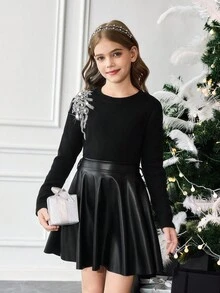 SHEIN 2pcs Tween Girls Casual Elegant Rhinestone Embroidered Knit Top And PU Skirt Set, Suitable For Christmas, Daily Wear - Black - View 2