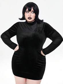 ROMWE Avant Plus Size Halloween Costume Cosplay Velvet Contrast Mesh Sleeve Bodycon Dress Winter - Black - View 3