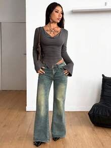 Coolane 女士秋冬外出休闲必备弹力舒适露肩针织T恤 - 灰色 - 查看 6