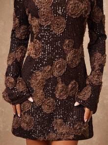 Lumalex 秋季新款女装冬季简约复古闪亮假日派对魅力优雅锐舞节郊游度假热门户外丰富层次婚礼季宴会成人礼亮片串珠装饰露肩露背泡泡袖紧身迷你连衣裙女式棕色露肩连衣裙棕色亮片连衣裙3D花卉连衣裙玫瑰连衣裙鸡尾酒会礼服奢华舞会证件照宰牲节派对新年 - 咖啡棕 - 查看 5