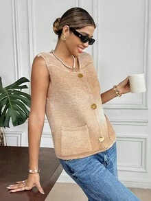 SHEIN Frenchy Women's White Autumn Casual Brunch Ombre Metal Single-Breasted Pocket Knit Sweater Vest,Gradient Coarse Sleeveless Cardigan,Retro Elegant Christmas - Multicolor - View 7