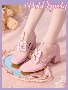 Dola Lovely 女士粉色粗跟方头可爱高跟鞋，蝴蝶结、仿珍珠、蕾丝装饰，浪漫礼物，适合派对、圣诞节、万圣节等场合 - 粉色 - 查看 1