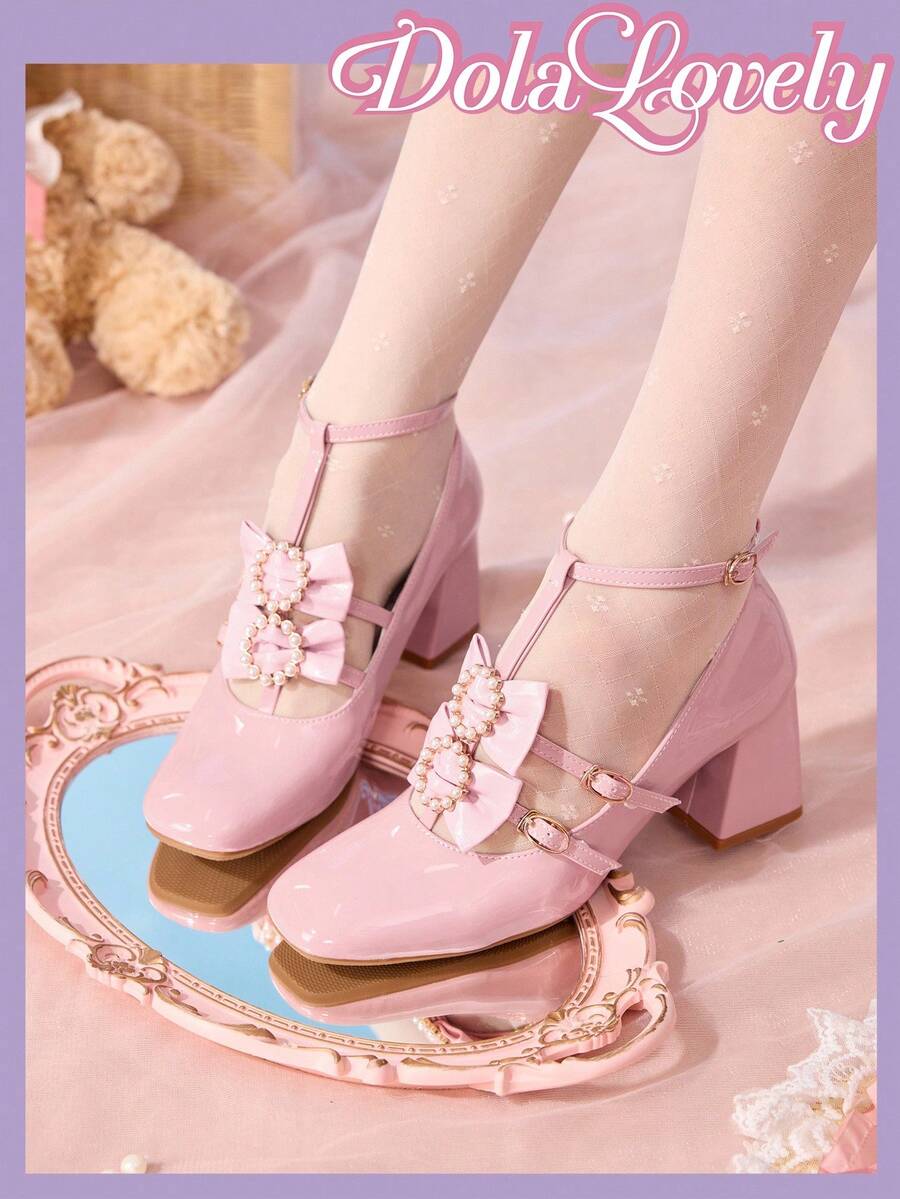Dola Lovely 女士粉色粗跟方头可爱高跟鞋，蝴蝶结、仿珍珠、蕾丝装饰，浪漫礼物，适合派对、圣诞节、万圣节等场合 - 粉色 - 查看 1
