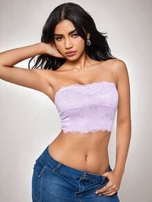 SHEIN Women's Simple Solid Color Lace Strapless Wireless Bra - Purple - View 4