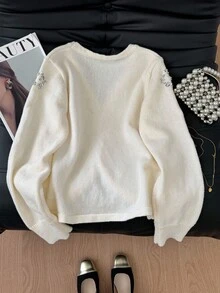SHEIN Frenchy Women's Pearl & Rhinestone Embellished Long Sleeve Cardigan Autumn Winter Clothes For Women Casual - Apricot - View 2