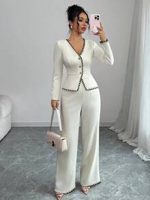 Elenzga Conjunto de dos piezas de blazer de punto con cuello en V elegante, decoración de botones y mangas largas, con ribete de contraste, adecuado para ir a la oficina, fiestas, eventos festivos como Navidad, Halloween, uso casual y elegante en la oficina, citas