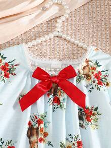 SHEIN 2pcs Baby Girls' Bow Lace Trim Rabbit Print Long Sleeve Top And Pants Pajama Set Fall Winter - Baby Blue - View 3