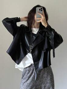 DAZY Women's Casual Loose PU Leather Lapel Long Sleeve Jacket, Autumn Y2k Women Coats