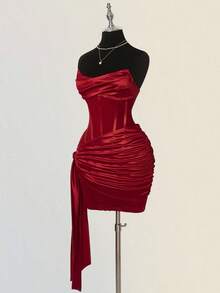 SHEIN ICON 女士时尚性感派对褶饰抹胸迷你连衣裙 - 紅色 - 查看 3