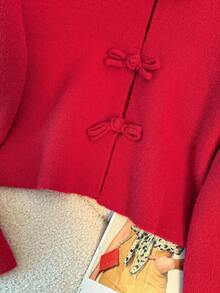 SHEIN LUNE Elegant Loose Fit Round Neck Long Sleeve Knitted Chinese-Style Button Design Red Women Cardigan, Spring/Autumn Christmas - Red - View 4