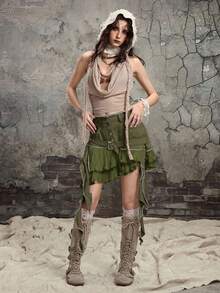 ROMWE Grunge Punk Váy denim mini họa tiết xếp nếp vá lỗi Y2K dành cho nữ - xanh quân đội - Xem 2