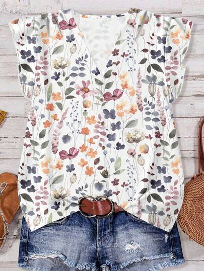 White Women's Casual Floral Pattern Blouse, Suitable For Summer